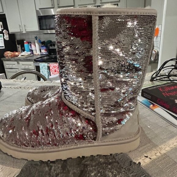 UGG Classic Short Sequin Boots - Silver, Red, and Green - Picture 4 of 4